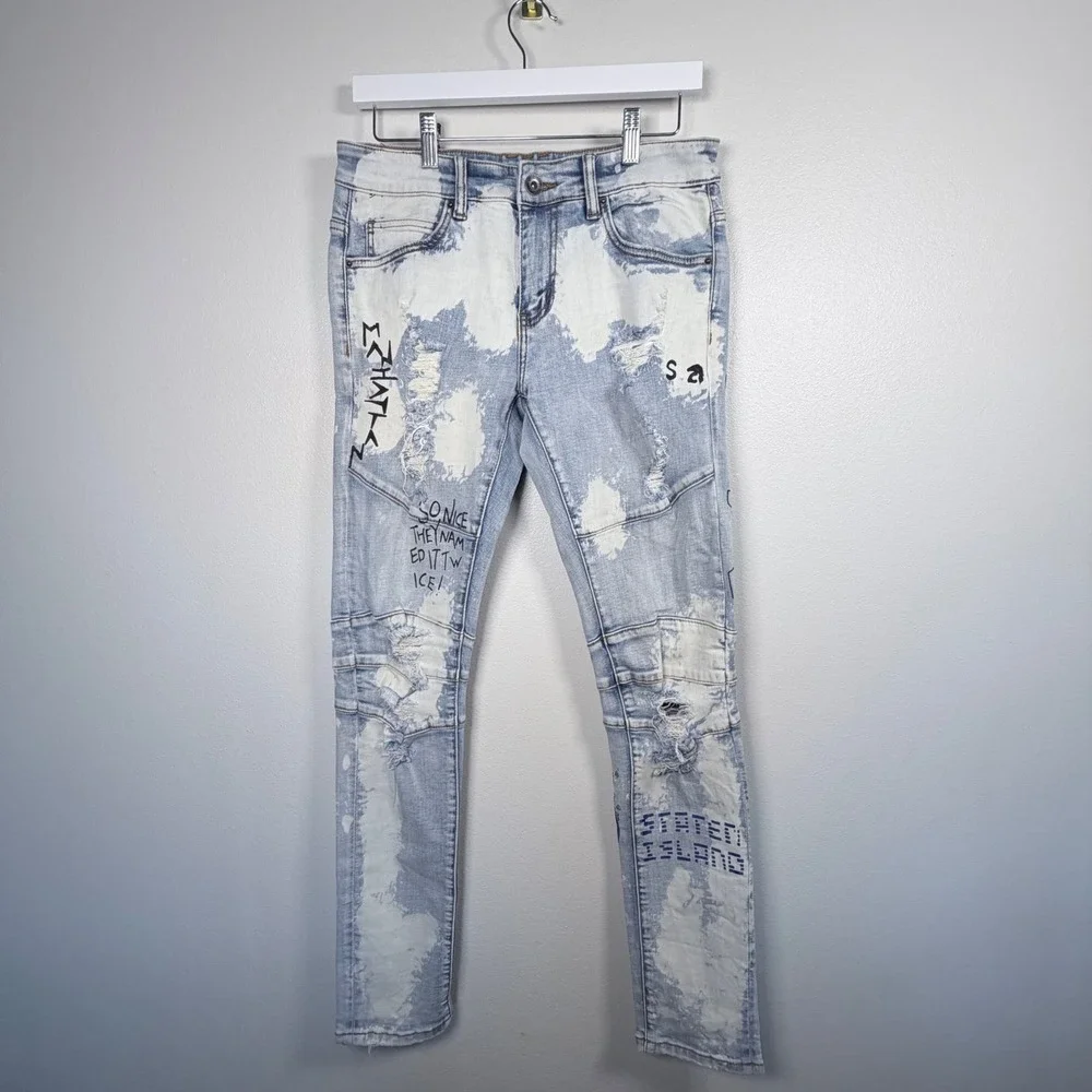 Crysp Denim Mens Distressed Graphic Moto‎ Skinny Light Wash Blue NYC Size 30